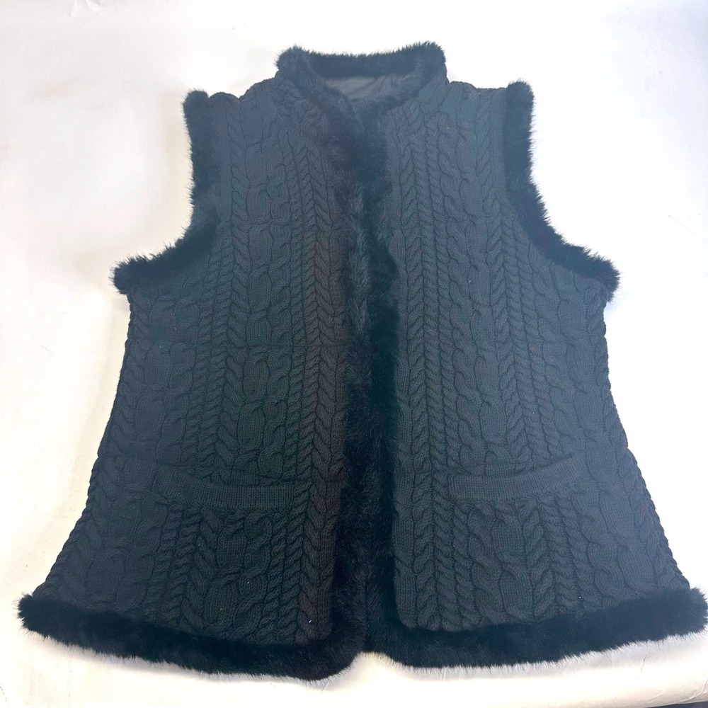 Talbots Womens Black Cable Knit‎ Faux Fur Trim PrimaLoft Insulated Vest Size L